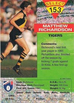 1994 Select AFL #153 Matthew Richardson Back